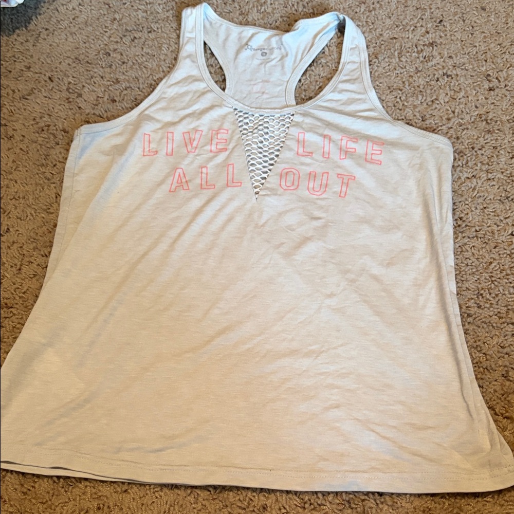 Orangetheory Gray Racerback Tank with Neon Pink Lettering and Mesh V-Inset M